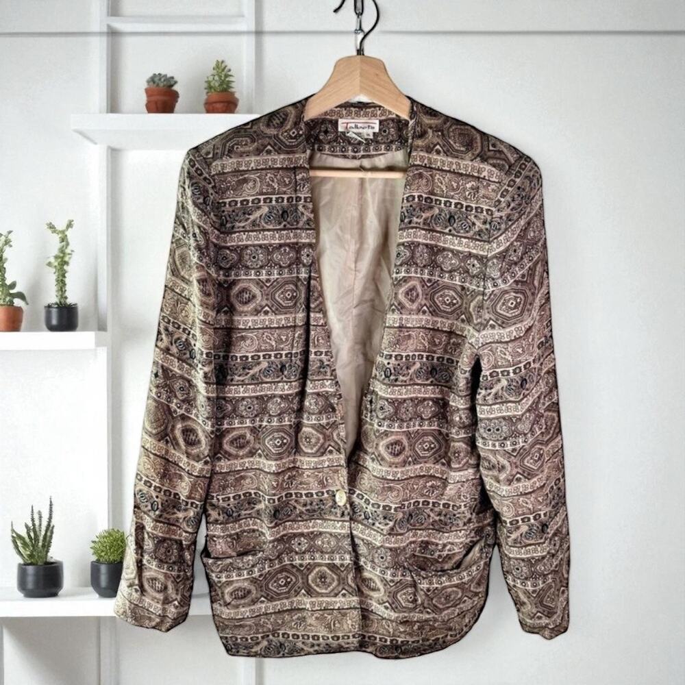 Talbots Women's 16 Vintage Label 100% Silk Tan & Brown One Button Blazer Jacket